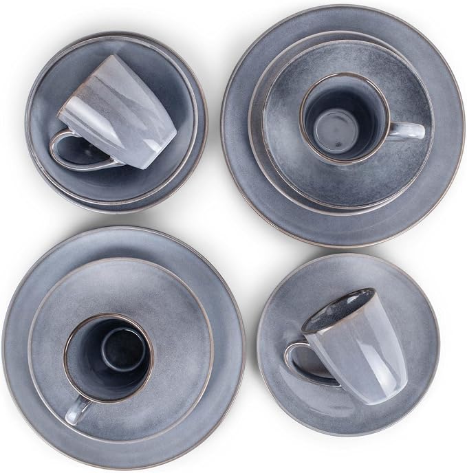 Elanze Designs Reactive Glaze Stone Ceramic Plates Bowls Mugs Classic Dinnerware 16 Piece Set - Service for 4, Grey