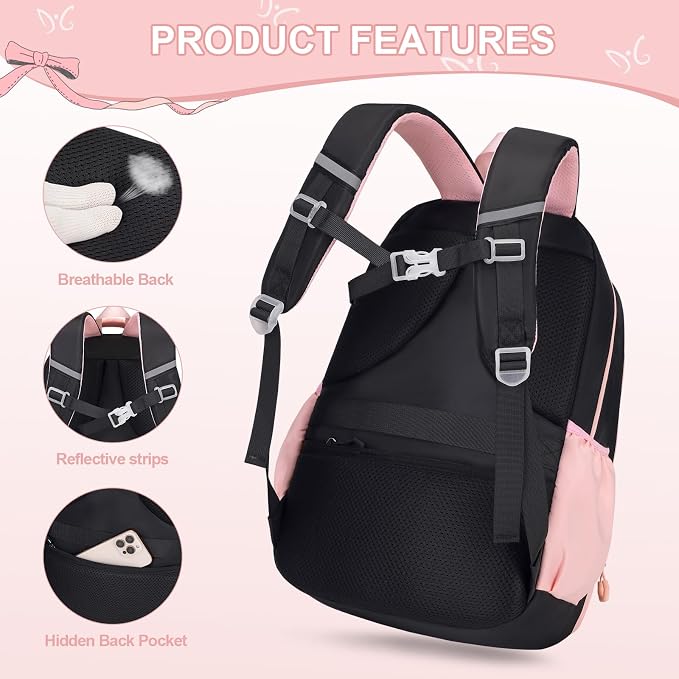 DIGOBAY Girls Backpack - Kids Bento Box Set with Insulated Lunch Bag, Cutlery and Pencil Case, 6 Leak-Proof Compartments, Removable Tray for Girls Teens School Picnic