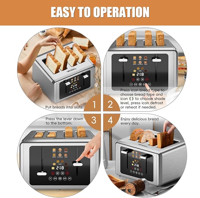 Whall 4-Slice Smart Toaster with Touchscreen & Extra-Wide Slots, Dual Independent Control, 6 Browning Levels & 6 Bread Types, Memory Function,Countdown Timer, Ideal Kitchen Gift