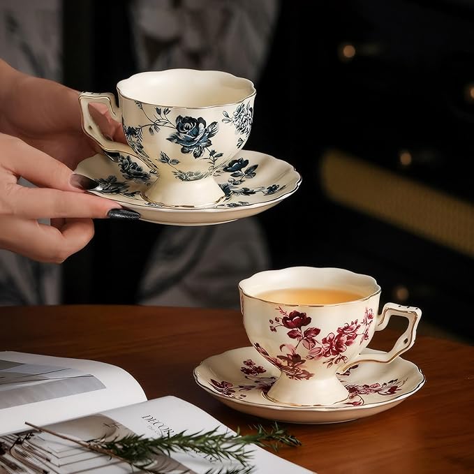 KAMMAK Tea Cups and Saucers Set of 2, Porcelain Coffee Cups, 6.8-Ounce Stackable Espresso Mugs, Ceramic Demitasse for Coffee, Latte, Americano, Tea, Blue Orchid