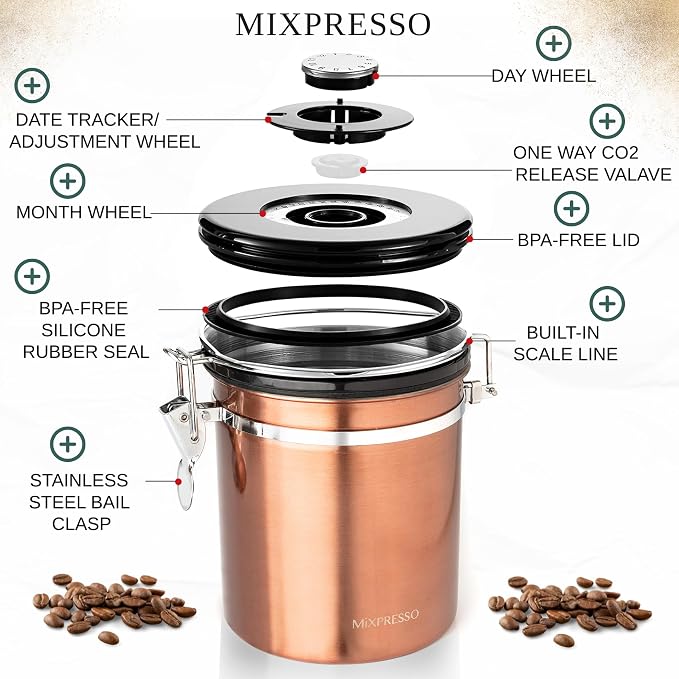 Mixpresso Bronze Stainless Steel Airtight Coffee Container with Date Tracker For Coffee & Tea, Vacuum Sealed Airtight Container, Coffee Jar 16 Ounces, Bundle With6 Cup Greca Stovetop Espresso Maker 30