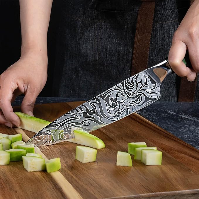 SENKEN 8-piece Engraved Japanese Kitchen Knife Set & Beautiful Green Resin Epoxy Handles - Wasabi Collection - Chef's Knife, Santoku, Cleaver, Paring, & More