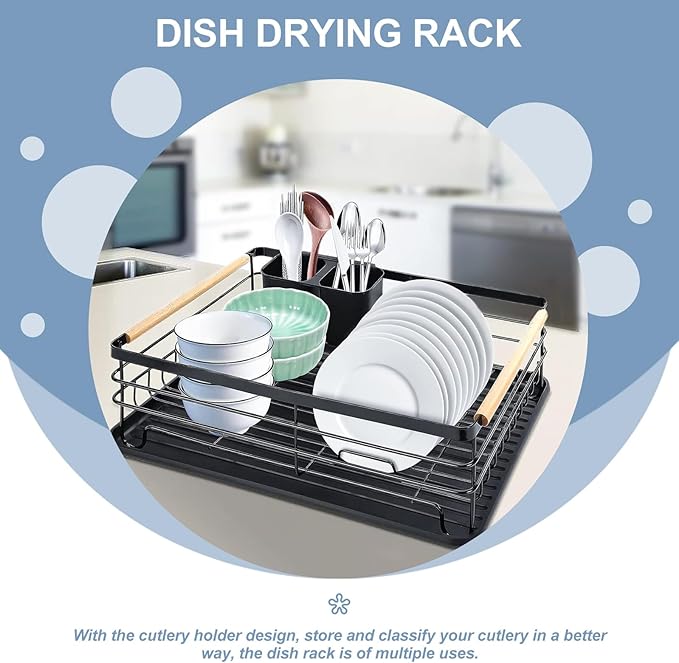 Beaupretty Metal Kitchen Countertop Dish Drying Rack with Removable Drip Tray, Large Capacity Black Plate and Bowl Organizer, Over Sink Dish Drainer for Kitchen Storage