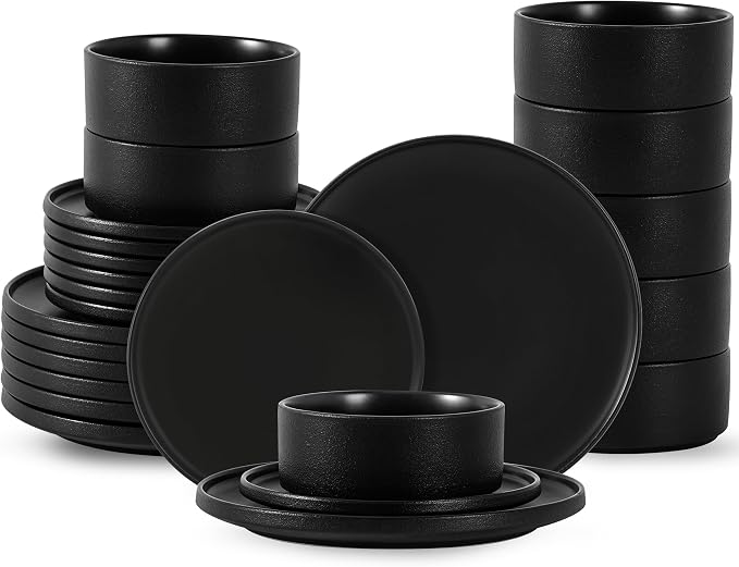 24 Piece Dinnerware Set, Modern Minimalist Stoneware Plates and Bowls Sets, Modern Dinner Plate, Salad Plate, Cereal Bowl, Dish Set for 8, Microwave and Dishwasher Safe, Matte Black