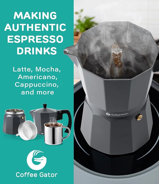 Coffee Gator Moka Pot - 6 Cup, 12oz Stovetop Espresso Maker - Classic Italian and Cuban Coffee Percolator w/ 2 Stainless-Steel Cups – Matte Grey Aluminum, 360ml