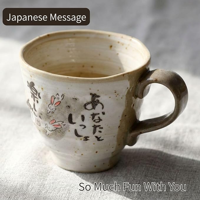 Rabbit Mug Set of 2, Japanese Cute Cups, 8.8 oz Handmade Ceramic Coffee Mug
