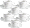 fanquare 7 Ounces Bone China Teacup and Saucer Set for 6, Silver Trimmed Peony Floral Porcelain Coffee Cup with Anti-Slip Design for Home Office Wedding