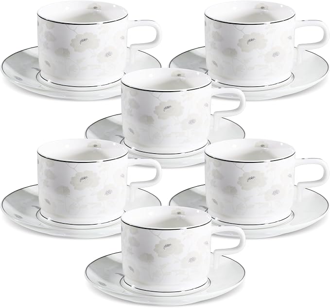 fanquare 7 Ounces Bone China Teacup and Saucer Set for 6, Silver Trimmed Peony Floral Porcelain Coffee Cup with Anti-Slip Design for Home Office Wedding