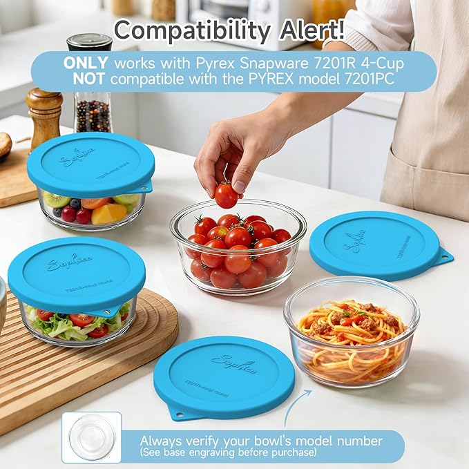 Sophico Silicone Storage Lids Cover Replacement for Pyrex Freshlock and SNAPWARE 4CUP(7201R), Round Glass Bowls Containers Set, Airtight Lids, 4 Pack