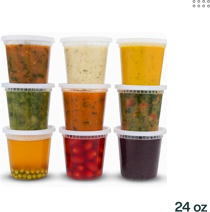 24oz [50 set] Heavy Duty Plastic Deli Container | BPA-Free Food Storage with Airtight Leak‑Proof Lids | Microwave, Freezer & Dishwasher Safe – Stackable, Bulk Reusable Soup & Meal Prep Tub