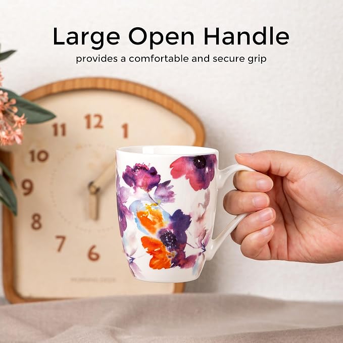 GBhome 12oz Coffee Mugs Set fo 6, Ceramic Coffee Mugs with Decaled Flowers for Man Woman Mom Dad, Light Weight Coffee Mugs Set for Latte/Cappuccino/Cocoa/Milk, Dishwasher & Microwave Safe