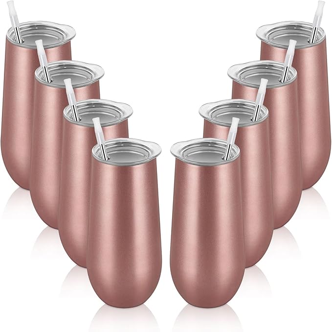 Lifecapido 8 Pack Insulated Champagne Tumblers, 12oz Champagne Flute Tumbler, Stainless Steel Stemless Champagne Glass, Unbreakable Cocktail Cups with Lid for Birthday Wedding Christmas (Rose Gold)