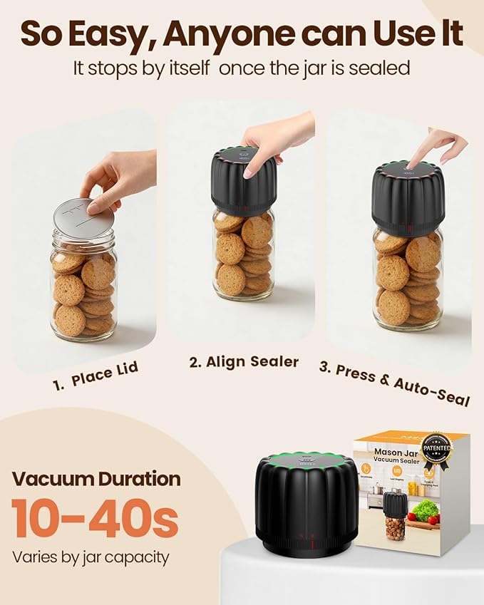 2026 Upgraded Electric Mason Jar Vacuum Sealer Kit with Wide and Regular Mouth Mason Lids -80kpa Automatic Vacuum Pump 2500mAh Battery One Touch Canning Sealing Machine for Food Storage Black