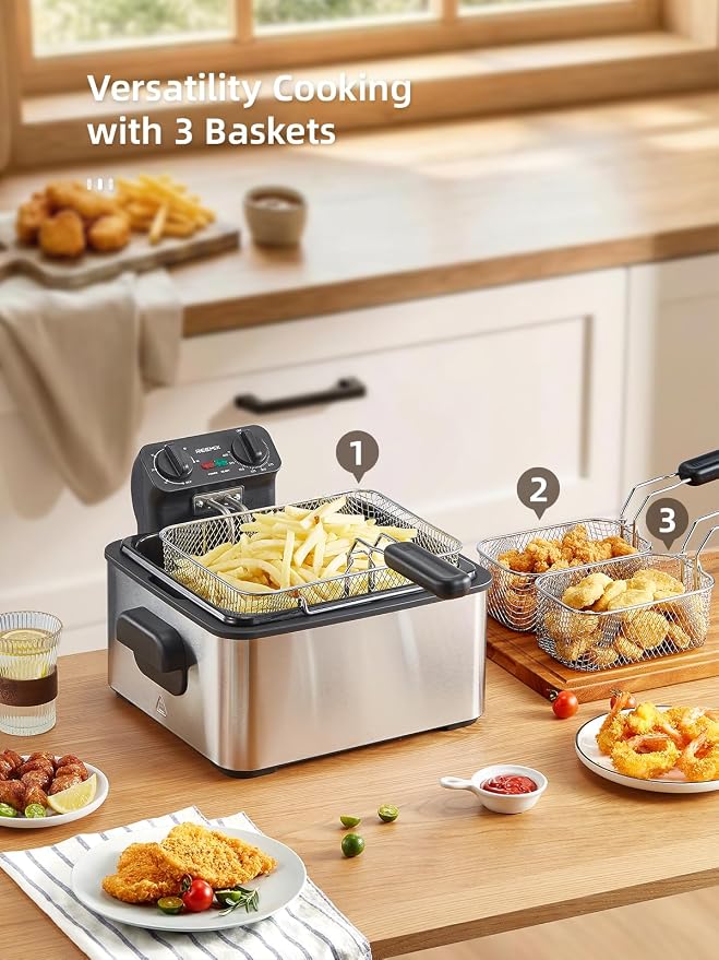 Reemix 4.5L Electric Deep Fryer with 3 Stainless Steel Baskets, 1700W, 2 x 2-Qt and 1 x 4-Qt Baskets, Viewing Window, Adjustable Timer and Temperature up to 400°F, Breakaway Cord