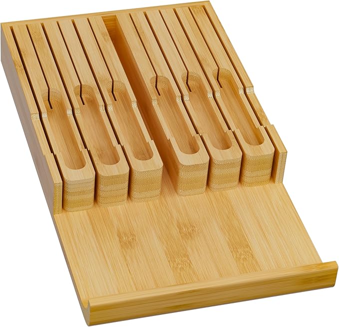 Domax Bamboo In-Drawer Knife Block - Kitchen Drawer Organizer Insert, Steak Knife Holder without Knives, Fits 12 Knives and 1 Sharpening Steel (Not Included), Natural