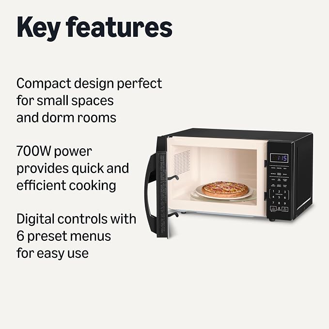 Amazon Basics Countertop Microwave Oven with LED Light and Child Lock, 700W, 0.7 Cu.ft, Black