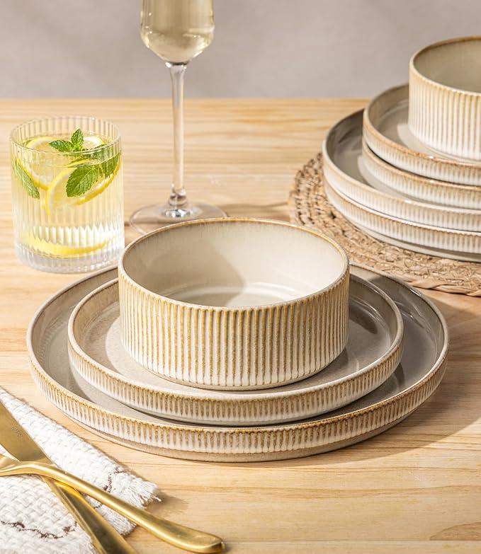 GBHOME Stoneware Dinnerware Sets for 4, 12 Pieces Lightweight Ceramic Ribbed Plates and Bowls Set, Reactive Glaze Stackable Plate Sets, Scratch Resistant Dishes, Microwave & Dishwasher Safe,Cappuccino
