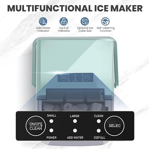 DUMOS Countertop Ice Maker with Handle, 26lbs/24H, Makes 9 Bullet Cubes in 6 Mins, Auto-Cleaning, Portable Ice Machine for Home Kitchen RV Camping, Green