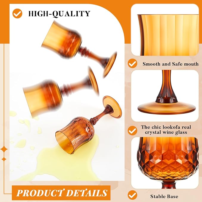 Pinkunn 6 Pcs 7 oz Plastic Vintage Wine Glasses Reusable Colored Goblets Patterned Drinking Water Glasses Cup Dishwasher Safe for Mother's Day Wedding Reception Party Supplies (Amber)