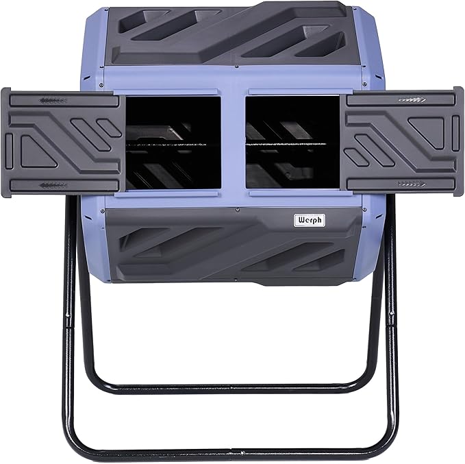 Werph Updated 43 Gallon Dual-Chamber Compost Bin, Fast Assembly Rotating Outdoor Compost Tumbler, Batch Composter with Gloves for Garden, Kitchen, and Yard Waste, Purple & Black