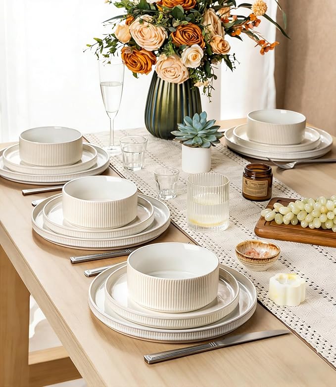 GBHOME Stoneware Dinnerware Sets for 4, 12 Pieces Lightweight Ceramic Ribbed Plates and Bowls Set, Reactive Glaze Stackable Plate Sets, Scratch Resistant Dishes, Microwave & Dishwasher Safe,Cream