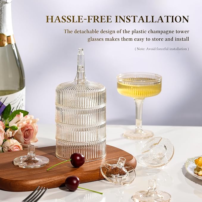 Goodluck 4-Tier Champagne Glasses - 20 PCS 7oz Glitter Gold Plastic Champagne Flutes,Plastic Coupe Glasses with Vertical Stripes for Weddings, Celebrations, Parties & Birthdays