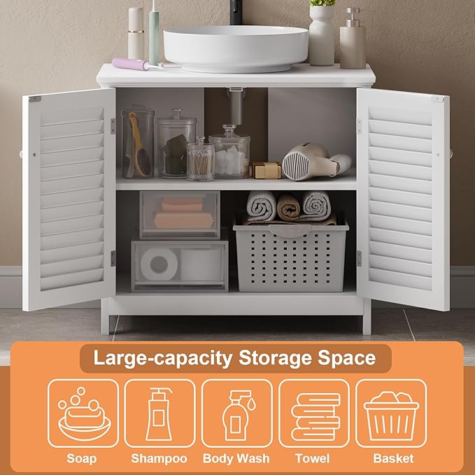 U-Shaped Pedestal Sink Storage Cabinet with 2 Doors & Shelf, Freestanding Bathroom Vanity Organizer Under Sink, 60cm Wide MDF Cupboard for Toiletries & Cleaning Supplies, White