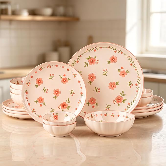 16-Piece Dinnerware Set for 4, Ceramic Plates and Bowls Sets, Microwave & Dishwasher Safe Dish Sets for Daily Use & Gifting, with Spring Peach Blossom Pattern