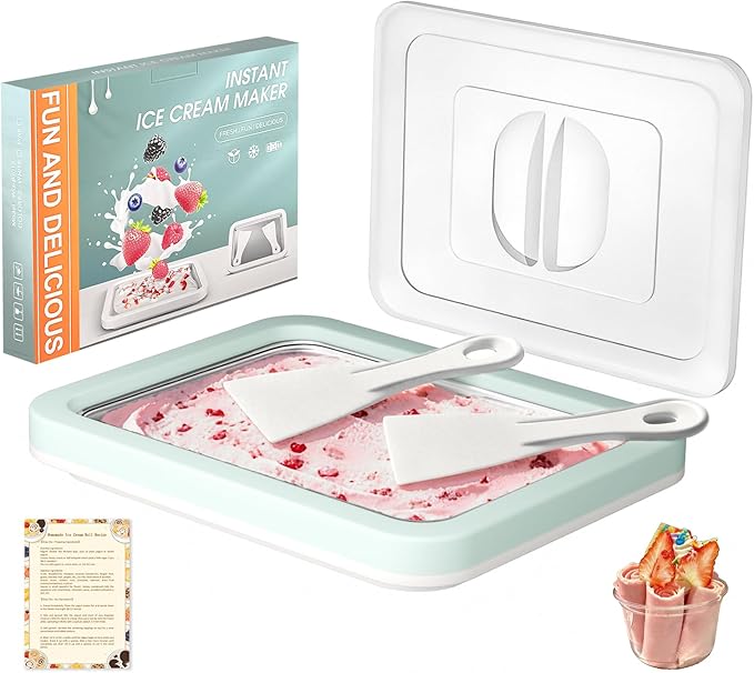 Rolled Ice Cream Maker Kit with Lid, 2 Spatulas & Recipe Guide - Instant Freeze Tray for Homemade Roller Ice Cream, Fun Family Activities (Green)