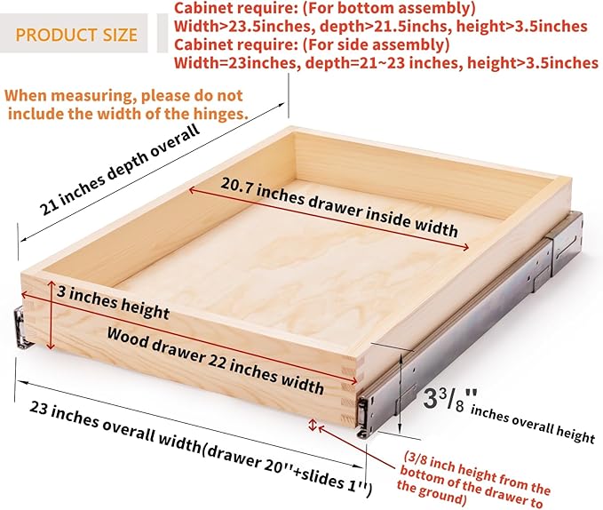 Mulush 23”W x 21”D x 3”H Soft Close Slide Out Wood Drawer Organizer for Kitchen, Bottom and Side Assembly (Cabinet Opening>23.5 inches for Bottom Assembly, Opening= 23 inches for Side Assembly)