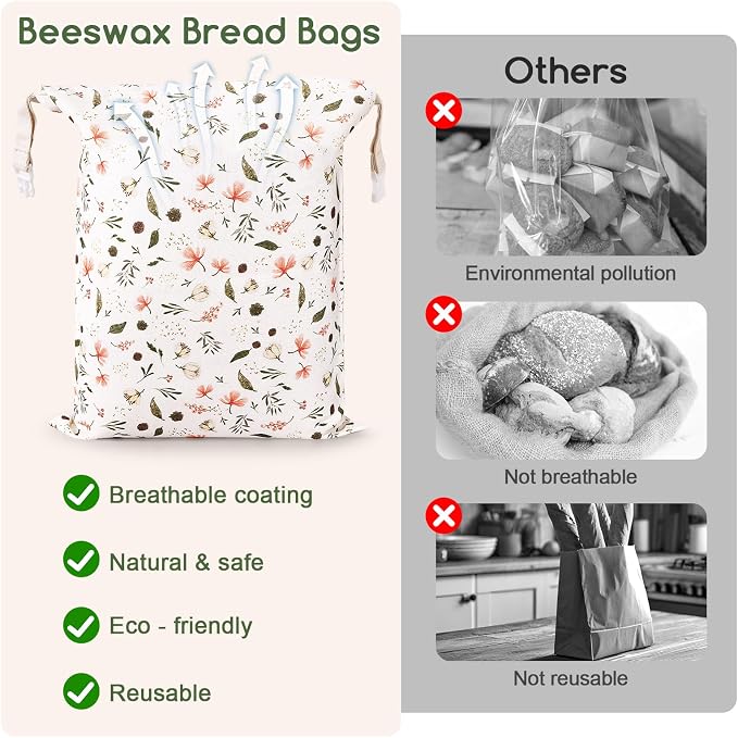 Beeswax Bread Bags for Sourdough, 2 Pack Reusable Bread Bag for Storage XL 17x13 Inch, Large Canvas Lined Bags for Homemade Sourdough - Keep Fresh, Freezer Safe