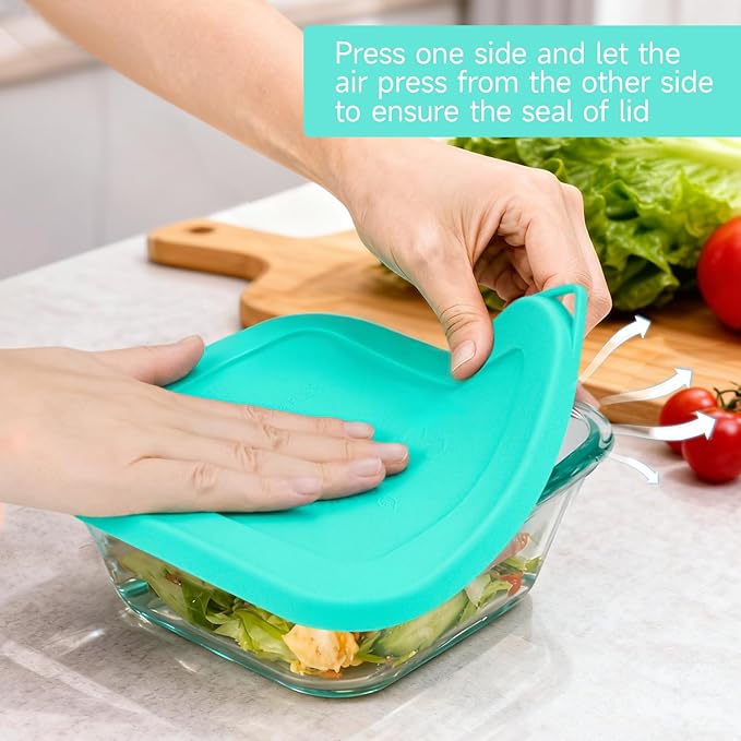 Sophico Silicone Storage Cover Lids Replacement for Pyrex Freshlock and SNAPWARE 4CUP Square Glass Bowls Containers Set(8704), Airtight & Leakproof Lids, Freezer Dishwasher Microwave Safe 5 Pack