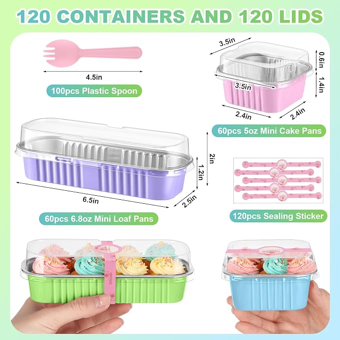 LemonRoad 120 Pcs Mini Loaf Pan with Lids and Spoons 6.8oz Rectangular Aluminum Foil Bread Pan 5oz Square Cake Cup with Decal Disposable Baking Supply for Graduate Wedding Birthday (Macaron Colors)