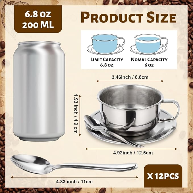 12 Pack Small Stainless Steel Espresso Cup Set, 6.8 oz Silver Tea Cups with Saucer and Spoon Double Wall Coffee Mugs with Handle for Cappuccino, Tea, Milk, Ideal Gift for Espresso Lovers