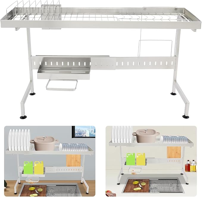 Over The Sink Dish Drainer Drying Rack,88x26x50cm Adjustable Length Over Sink Drying Rack, Large Capacity Dish Rack, for Home, Milk Tea Shop, Bar, Coffee Shop