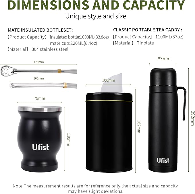 Complete Yerba Mate Kit - Includes Argentina Mate Gourd, 2pcs Straw (Bombilla), Yerbero, 1000ml Insulated Bottle - Stainless Steel Yerba Mate Set (Black)