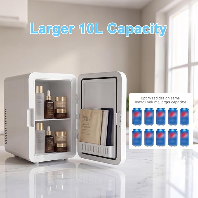 Mini Fridge, 10L Portable Personal Refrigerator - Cooler and Warmer, Ideal for Car Use and for Skin Care, Cosmetics, Beverage, Food,Great for Bedroom, Office, Dorm