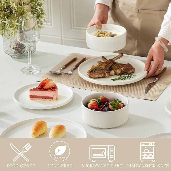 8 Inch Plates, Matte White, Set of 4 | Matte Glaze Stoneware, Microwave Safe, Dishwasher Safe, For Salads & Desserts