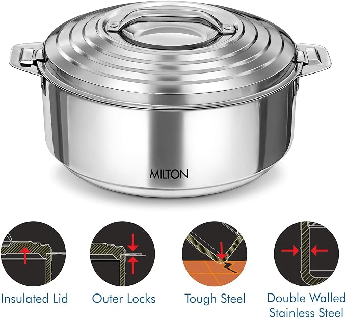 Milton Galaxia 1500 Casserole for hot food, insulated stainless steel hot pot with lid, 50 oz (2000 ml) 1.58 qt, Serving box (bowl, dish) for food and roti Food Warmer Cooler, Silver
