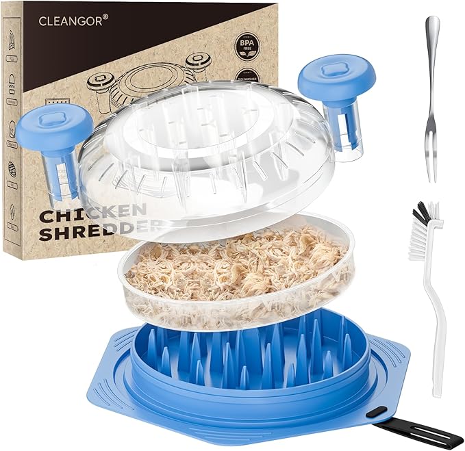 Cleangor Chicken Shredder Tool Twist Large, BPA Free Meat Shredder with Ergonomic Handle, Non-Slip Food Shredder Tool for Pork, Beef, Set of Chicken Breast Shredder with Brush & Fork (1, Lichen Blue)