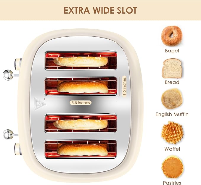 4 Slice Toaster Roter Mond Retro Stainless Steel with Bagel Defrost Cancel Function, 6 Browning Settings, Extre Wide Slot and Removable Crumb Tray, Cream, ST033