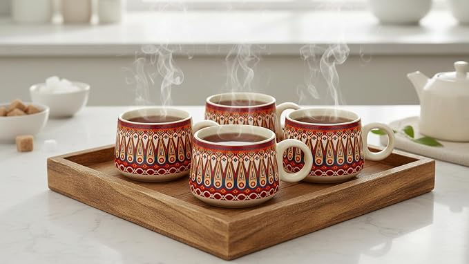 Handcrafted Set of 6 Ceramic Tea Cups 150 ML Elegant Porcelain Breakfast Coffee Mugs Boho Style For Cortado Cappuccino Espresso Kulhad Chai Microwave & Dishwasher Red Food Safe For Home Office Kitchen