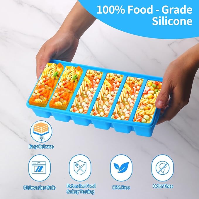 1/2 Cup Silicone Freezer Tray With Lid - Silicone Freezer Molds 4 Pack For meal prep & freezing of various sauces and other dishes, makes 24 perfect 1/2 cup portions cubes (Blue 4 Pack)