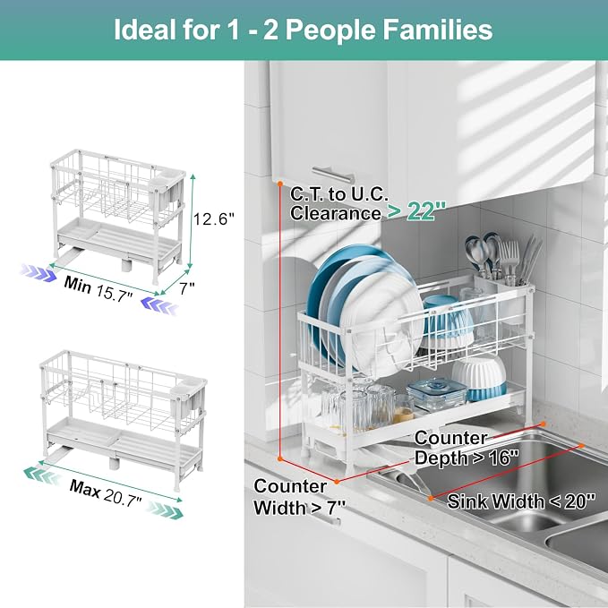 GSlife Narrow Dish Drying Rack - Expandable Small Dish Rack for Kitchen Counter, 2 Tier Adjustable Capacity (15.7''-20.7''L) Dish Drainer Rack with Removable Cutlery Holder, White