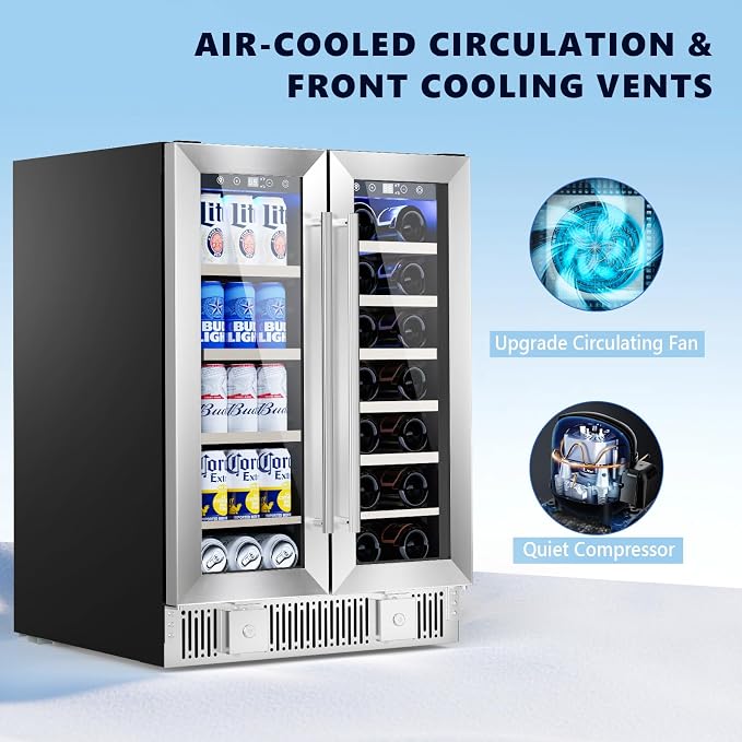 Electactic Dual Zone Wine Cooler with Glass Door, 21 Bottles and 88 Cans Wine and Beverage Refrigerator, 4.4 cu.Ft 24 Inch Built in or Under Counter Wine Fridge with LED Light, Two Door Lock