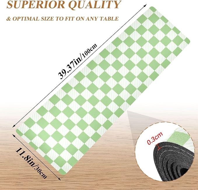 2-in-1 Table Runner Trivet for Hot Dishes Heat Resistant Hot Plate Mat Pad 39x12 Inch Waterproof Table Protector Trivets for Countertop Non Slip Decorative Checkered Green