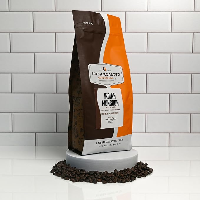 Fresh Roasted Coffee, Indian Monsoon Malabar Whole Bean Coffee, Light Roast, Kosher, 2 lb (32 oz)