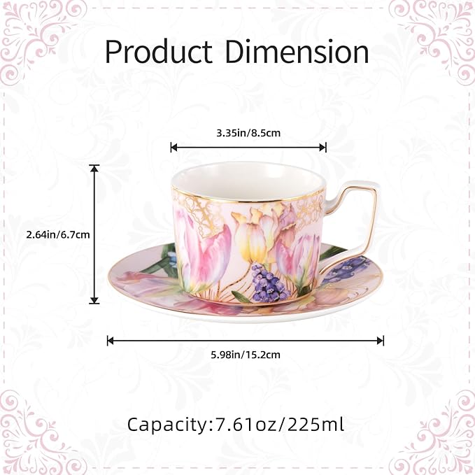 KAMMAK Tea Cups and Saucers Set of 2, Porcelain Coffee Cups, Stackable Espresso Mugs, Ceramic Demitasse for Coffee, Latte, Americano, Tea, Turmeric - Gold