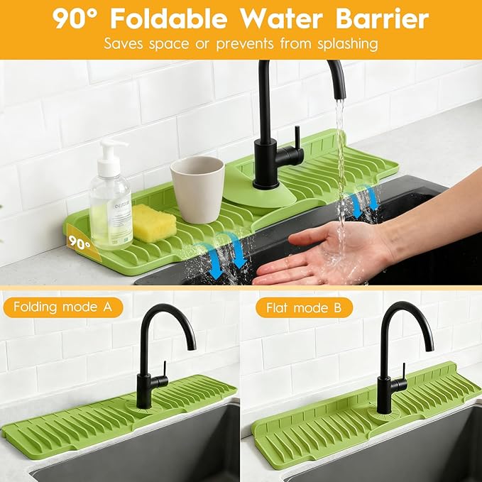 24" Silicone Faucet Mat for Kitchen Sink Released in 2026,8° Slope Fast Self-draining-Kitchen Sink Splash Guard,Bathroom Kitchen Sink Area Water Splash Guard Behind Faucet Draining Mat(Green)