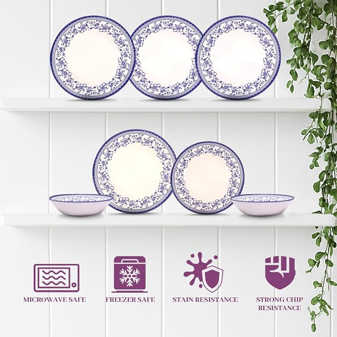 TUDOR ROYAL 12-Piece Round Porcelain Dinnerware Set, Service for 4 - Aster BLUE Design, Multicolor Floral, Plates Bowls Mugs Dishes, Premium Quality Tableware, Unique Pattern, Glossy